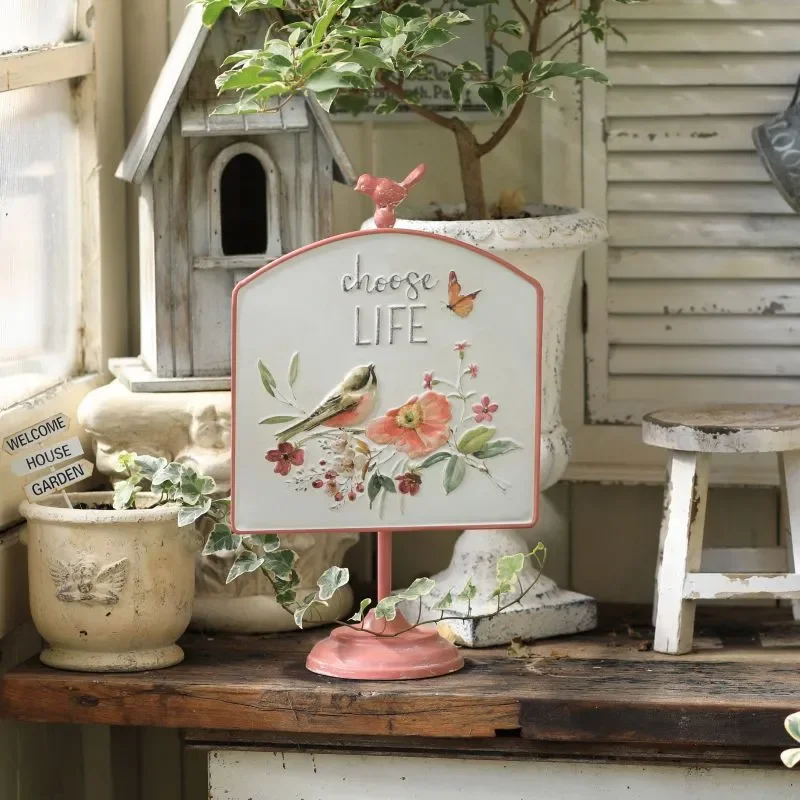 Vintage Nordic Pink Flower Bird Statue French Garden Decor Home Ornament Retro Floral Animal Figurine Indoor Outdoor Display