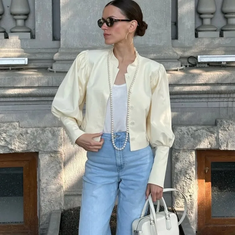 

Элегантная рубашка с пышными рукавами, модный однотонный повседневный кардиган, пальто в стиле пэчворк, тонкая офисная женская рубашка, куртка