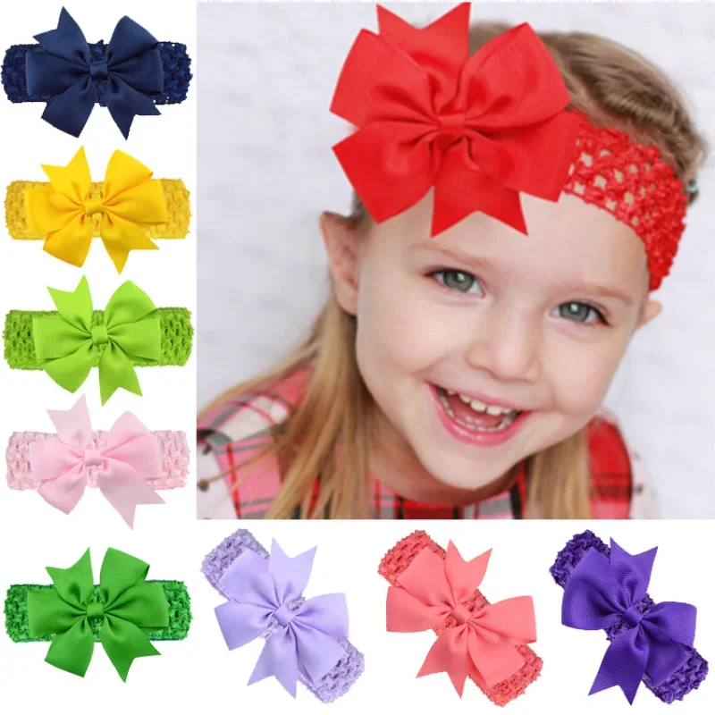 Handmade Dovetail Grosgrain Ribbon Bows Infant Headband Solid Color Crochet Elastic Hair Bands Baby Girl Headwear