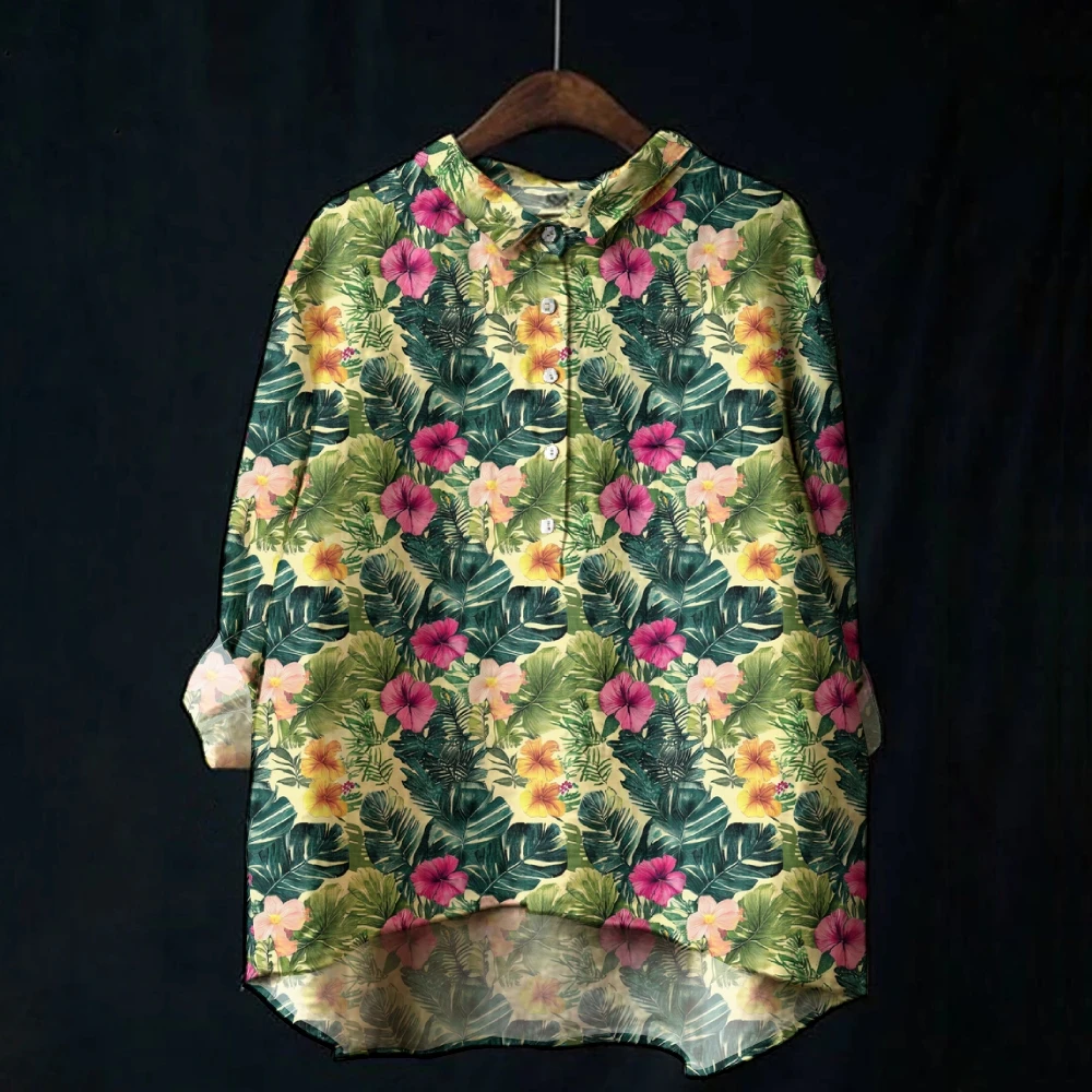 Fashion Pastoral Flower Printed Shirt Women's Casual Lapel Irregular Chic Long Sleeve Shirt Vintage Versatile Top