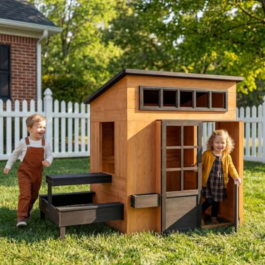 Outdoor playhouse for kids aged 3-8: modern fir wood construction, natural wood color, weather-resistant finish, includes play