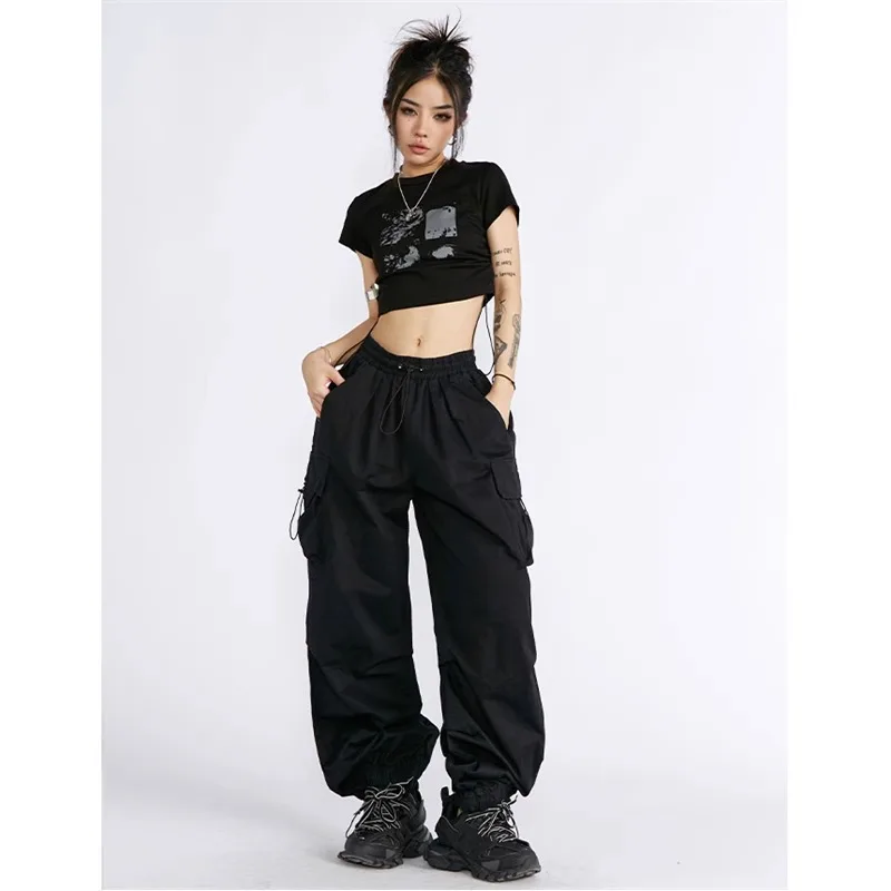 1 Stück Damen-Cargohose | Amerikanischer High-Street-Streetwear-Stil | Kordelzug, hohe Taille, lockere Passform, gerades Bein, weites Bein – Detail 5