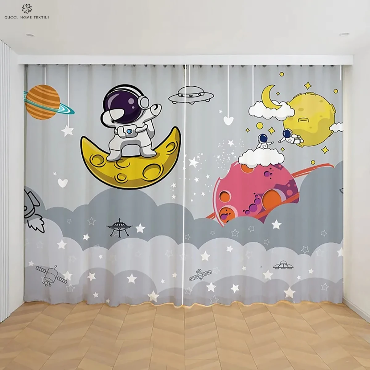 Cartoon Astronaut Spaceship Printed Curtains, Blackout, Heat Protection, Bedroom, Living Room, Study, 2 Pcs