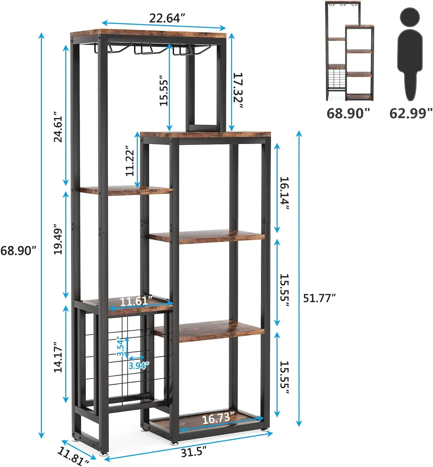 Pavimento Autoportante Cremalheira do Vinho com Suporte de Vidro e Armazenamento, Prateleira de Exposição Industrial, Bar Gabinete, Wine Baker Rack, 5-Tier