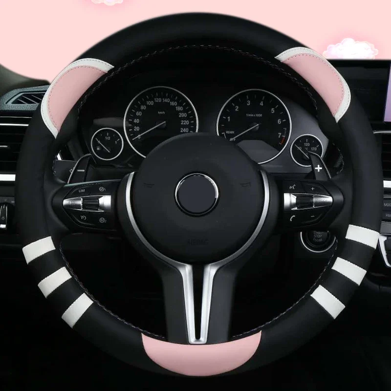 Kawaii Car Steering Wheel Cover Cute Cat Ear PU Leather Steering Wheel Protector for Girl Women Four Seasons Universal Pink Red