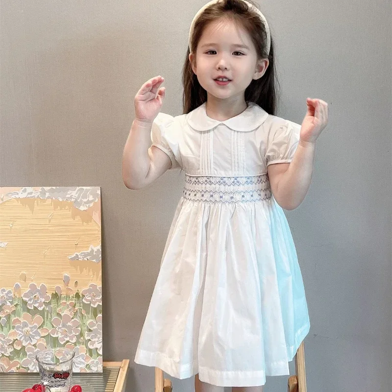 2024 Kids Girls Handmade Smocking White Spanish Dress with Shorts Matching Children Birthday Baptism Frocks Baby Smocked Clothes