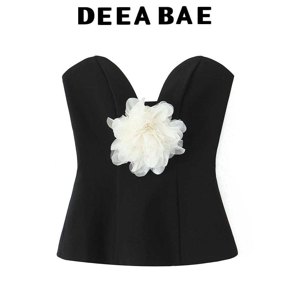 DEEABAE Zimowa nowość: francuski top damski z odkrytymi ramionami, głębokim dekoltem w kształcie serca i kontrastową kwiatową bluzą bez ramiączek.