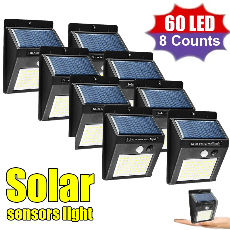 8 Pack Outdoor Solar Lamp 60 LED Wall Lights PIR Motion Sensor Solar Powered Sunlight Street Light for Garden Courtyard Corridor