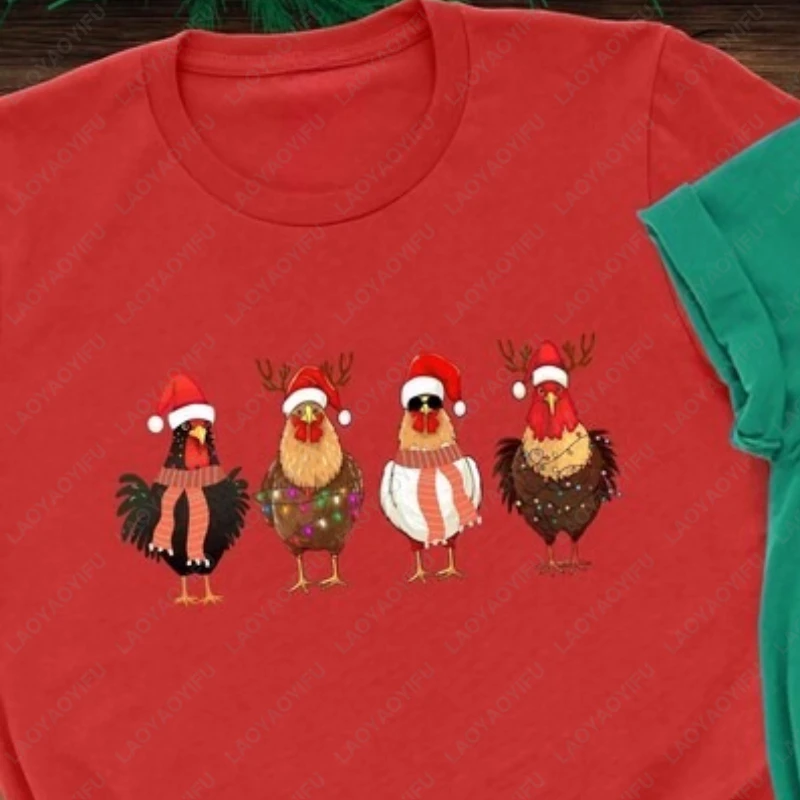 Christmas Chicken Farm Animal Lights Tees Winter New Year Xmas Gifts Men Women Cotton Tops Cute Funny Creative Novelty Tshirt