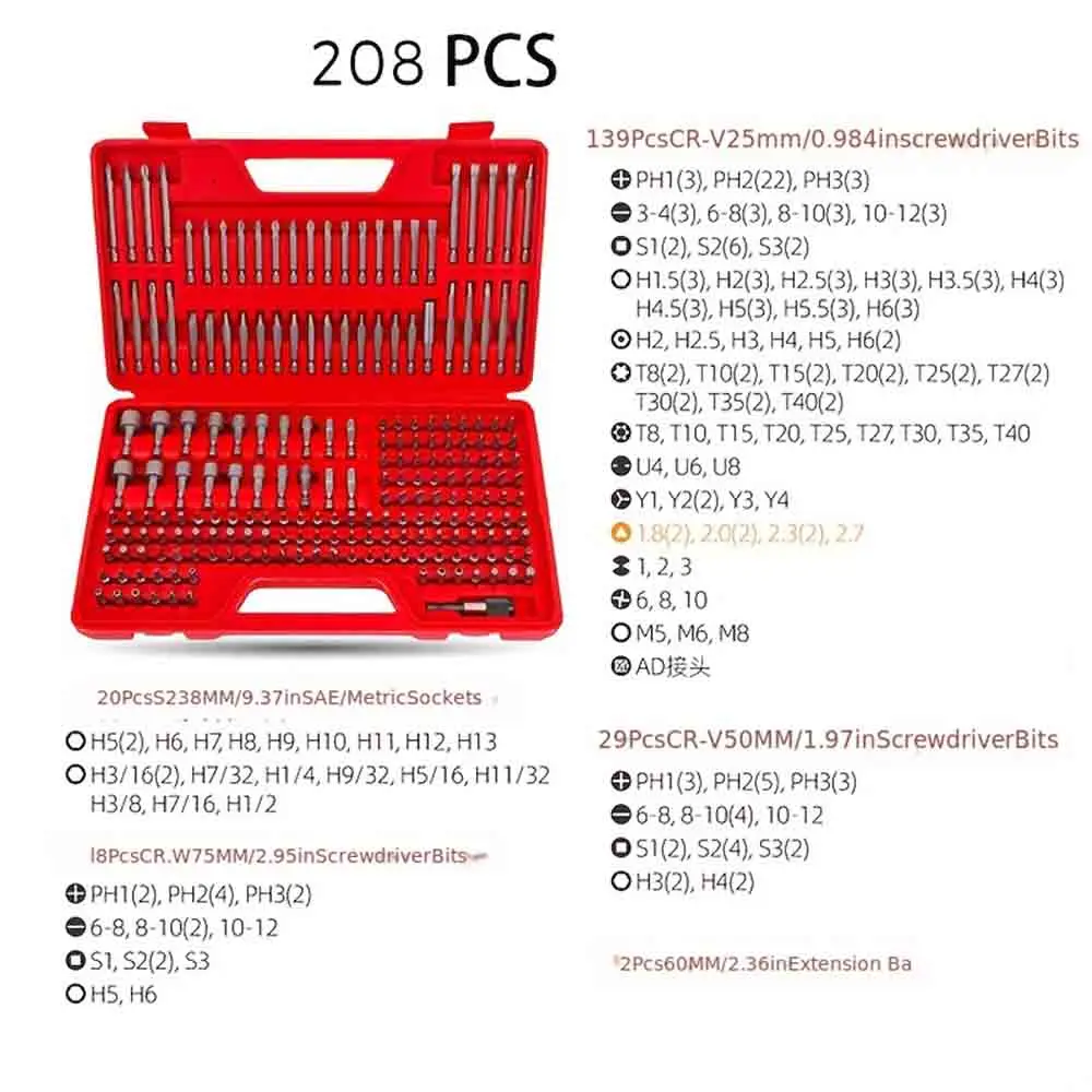 208/214 Safety batch head set S2/Cr-V steel SAE/ metric screwdriver set Cross slot hexagonal square head