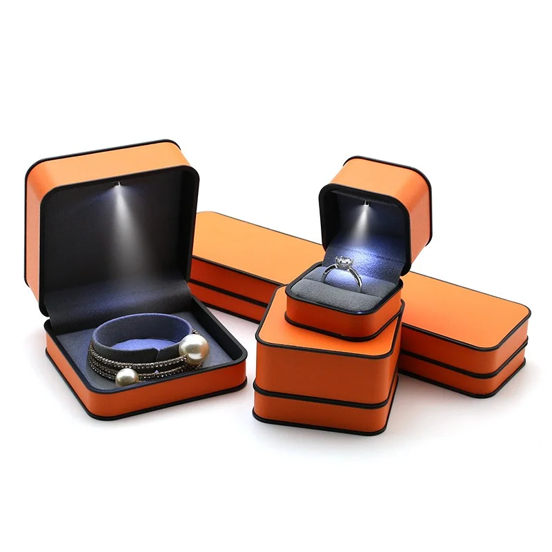 LED Jewelry Box PU Leather Round Corner Black Frame Design,Ring Bracelet Necklace Organizer,Ideal Gift & Business Packaging