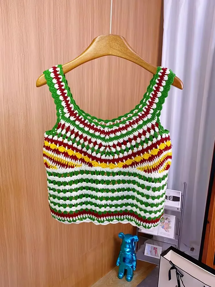 Boho Handmade Hollow Out Crochet Tank Top Holiday Women V Neck Green Striped Corset Sexy Cropped Tops Knitwear B-066