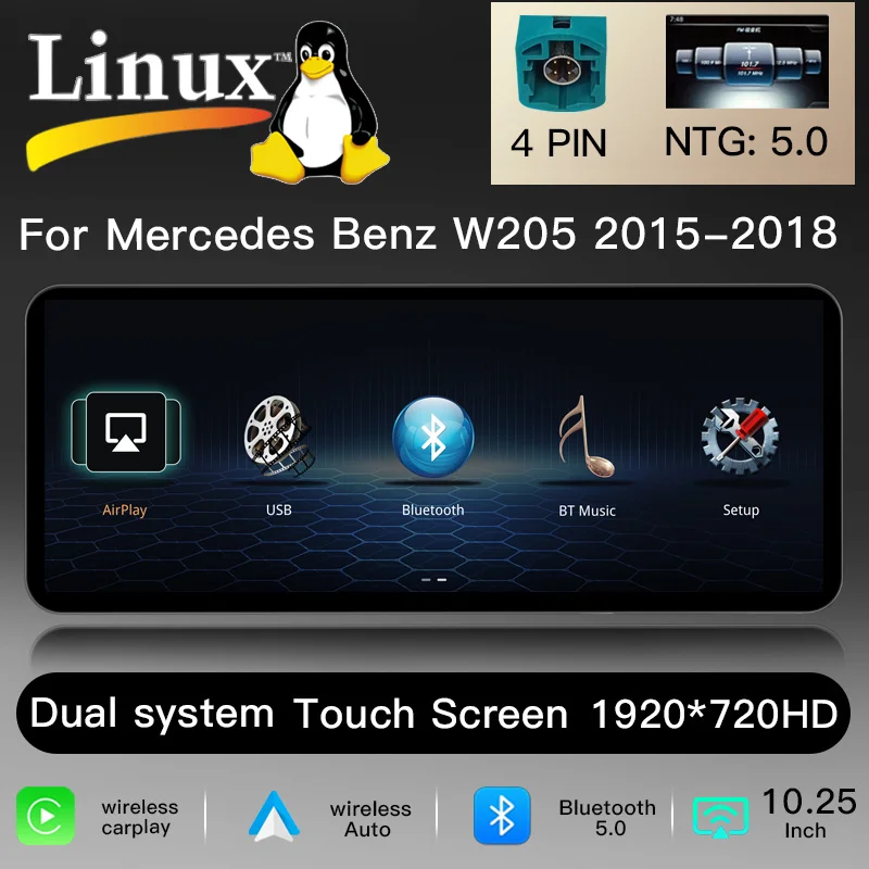 10,25" 1920*720 scherm, draadloze CarPlay, Android 14 autoradio voor Mercedes Benz C-klasse W205 S205 2015-2018, NTG 5.0 systeem, multimedia-speler, GPS-navigatie, DSP, 4G, wifi, hoofdunit,