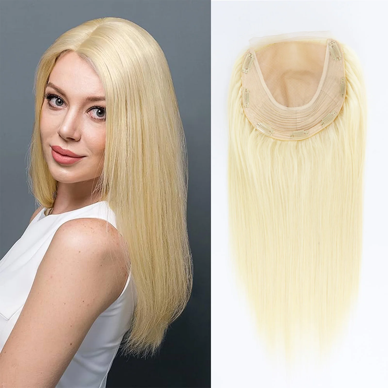 

Светло-русый цвет 8X9 дюймов # Накладка для волос из натуральных человеческих волос 613 с шелковой основой, прямая, на заколках, с закрытым плетением и детским волосом, для женщин