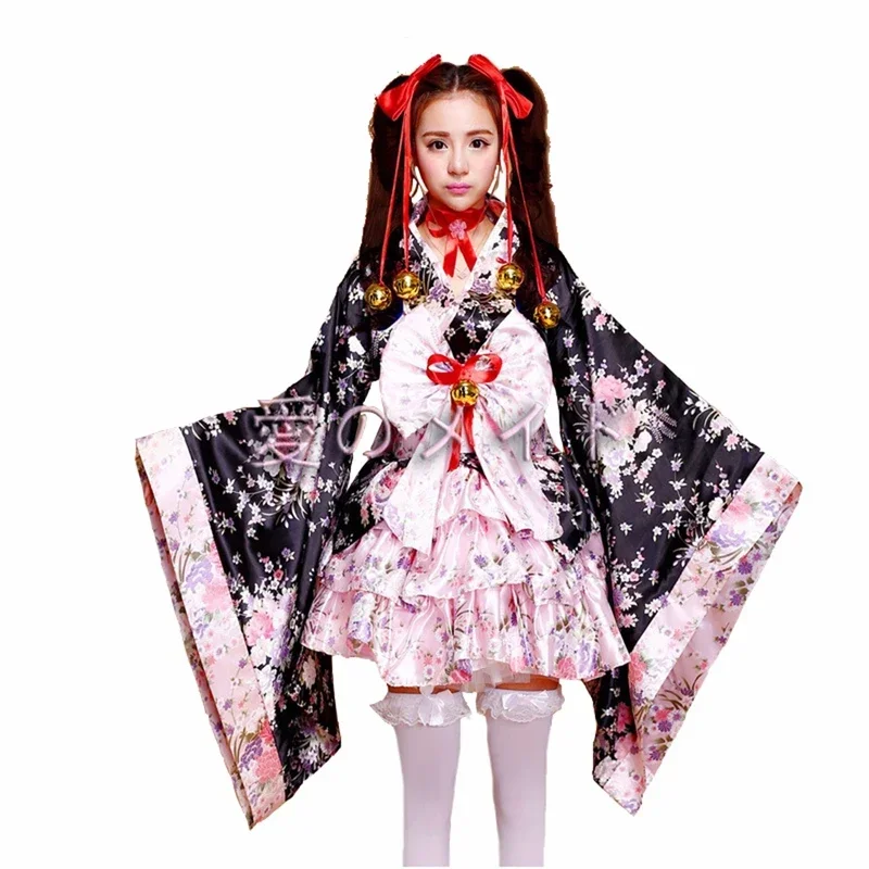 Japanese Kimono Sakura Printed Lolita Pink Short Sexy Layered Skirt Maid Cosplay Costume Halloween Fancy Dress For Women MN8