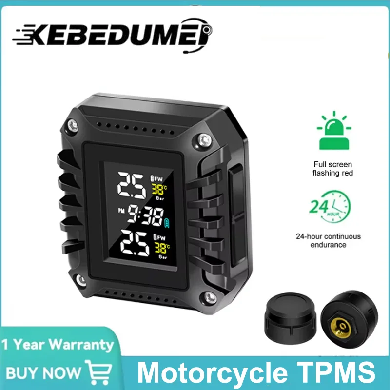 

Беспроводная система сигнализации температуры в шинах мотоцикла TPMS для мотоцикла, 2 внешних датчика с дисплеем времени