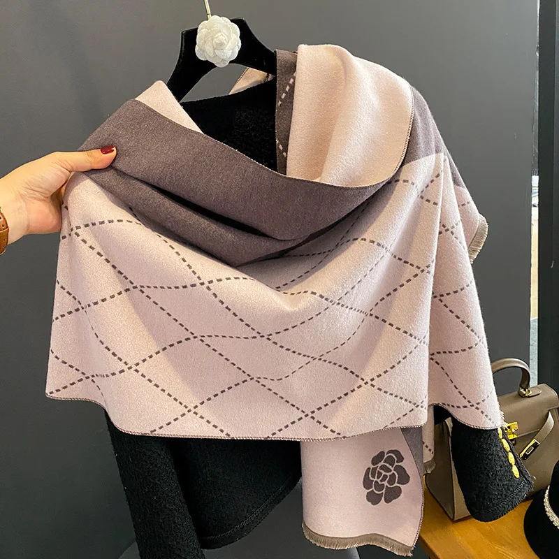 New Women Winter Versatile Imitation Cashmere Double-sided Camellia sinensis Thickened To Keep Warm Style Cold Insulation Shawl