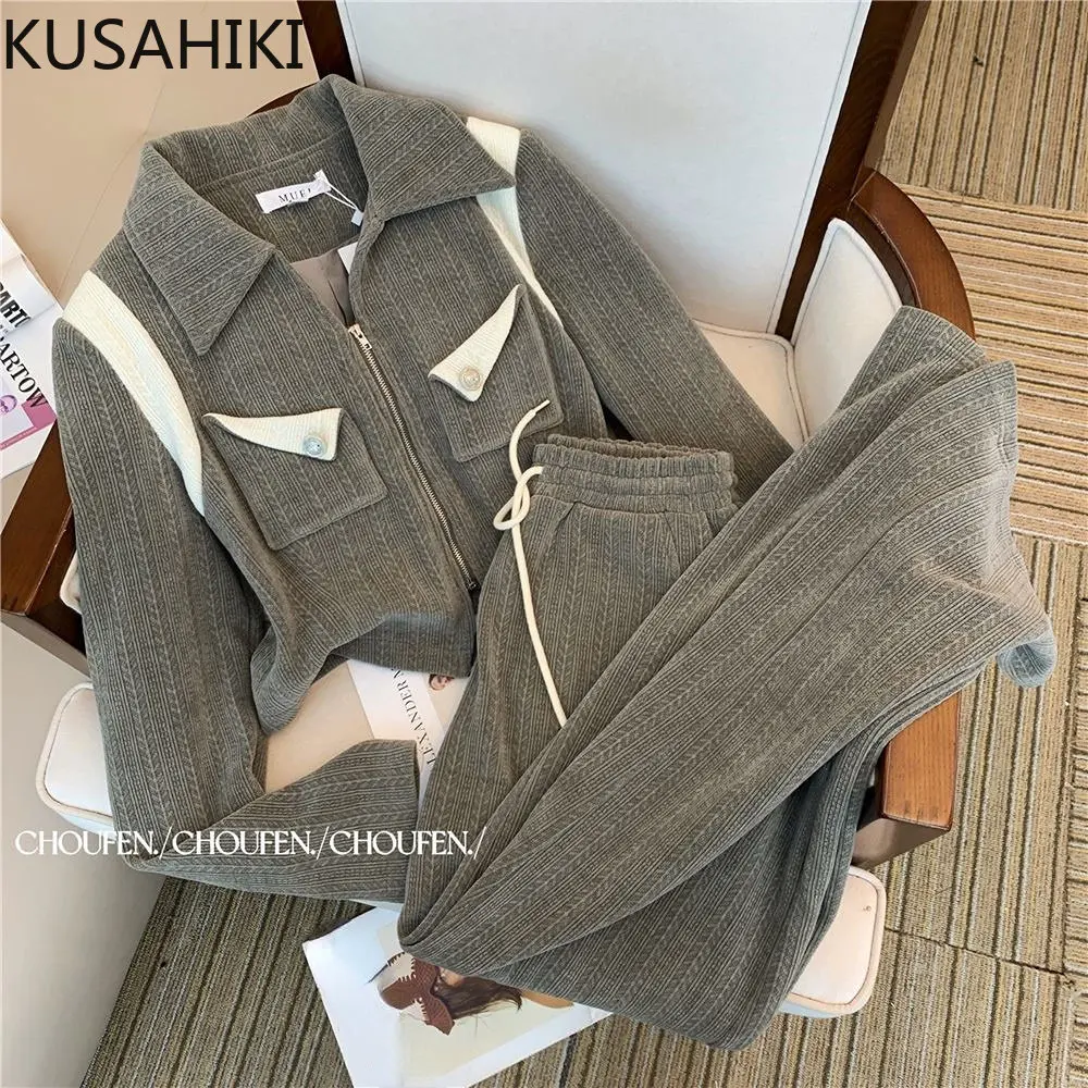 

Женский Повседневный костюм из 2 предметов, на молнии, с отложным воротником и широкими штанинами