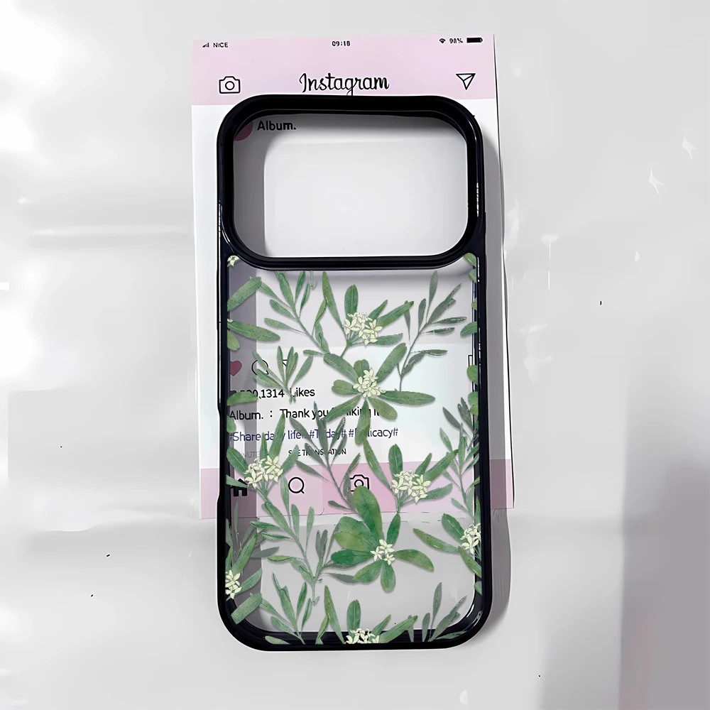 Green Leaf Flower Botanical Phone Case Vintage Button Cover Raised Edge for iPhone 16 12 11 14 15 Plus Max 13 Pro 17 Air