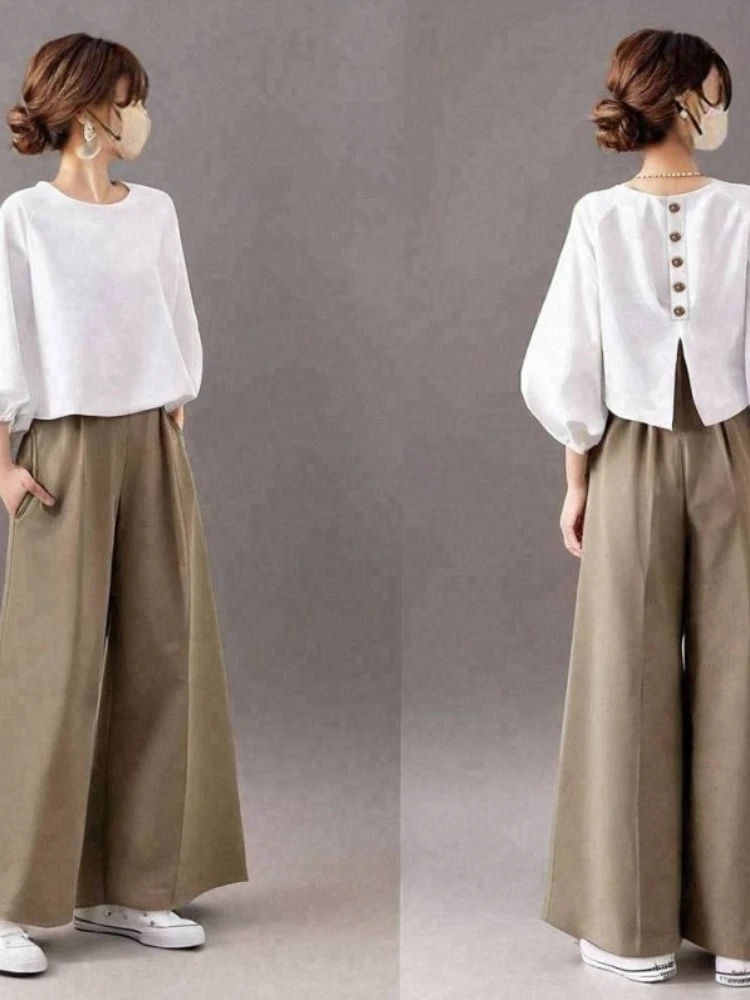 

Spring Autumn Women's Loose Fit Round The New in Solid-color Lantern Sleeve Shirt Hood Loose Wide-leg Pants Two-piece Set.