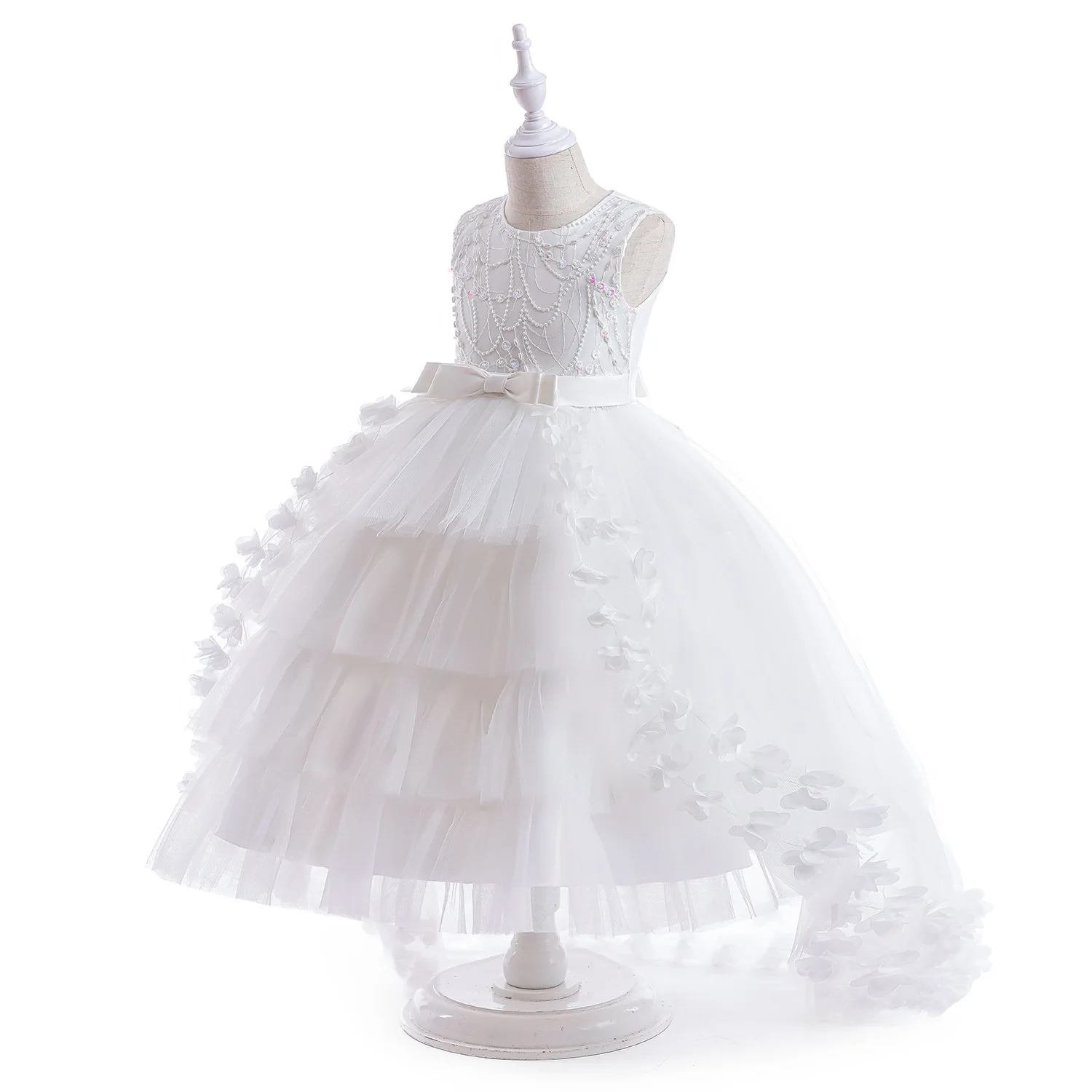 Girls Coral Pink Sleeveless Formal Gown Beaded Embroidery Tulle Kids Wedding Flower Girl Birthday Banquet Stage Dress ASQ03