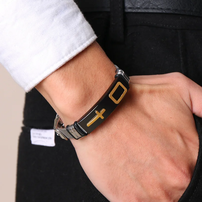 Adjustable Metal Men's Bracelet with Glow in the Dark Celtic Cross Design Fashion Push Button Charm Black and Gold Night Luminou