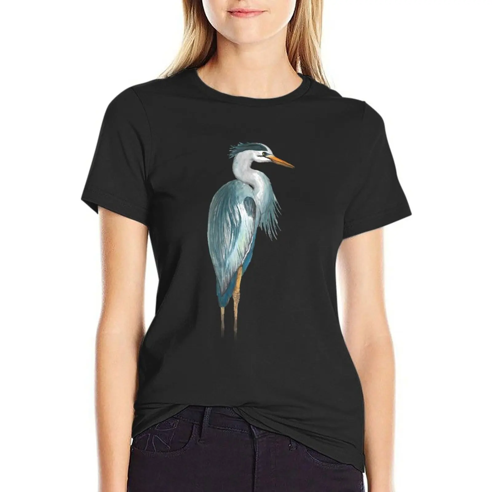 Grey heron watercolor painting \t \t T-Shirt anime Blouse anime clothes quick-drying t-shirt dress for Women long