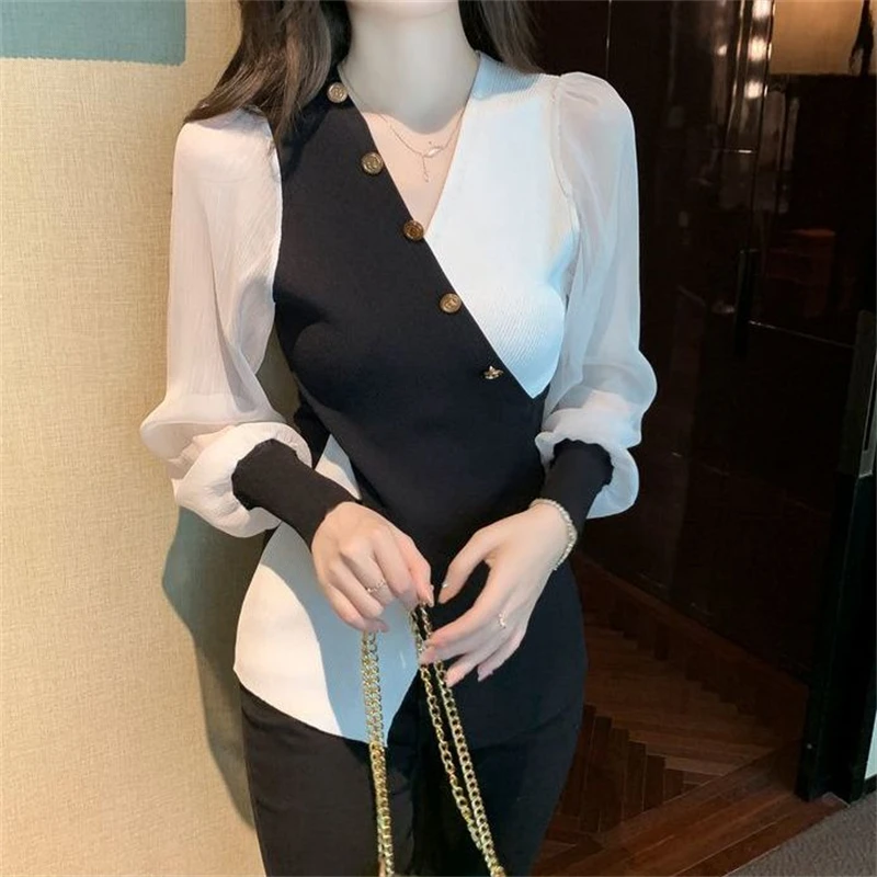 Women Korean Fashion Contrast Color Patchwork Ribbed Knit Blouses Office Lady Elegant Chic Slim Shirts V Neck Long Sleeve Tops