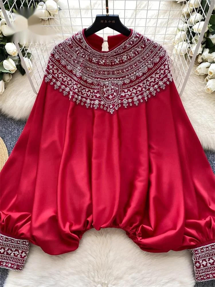 

Autumn Sequined Vintage Satin Blouse Women Batwing Sleeves Beading Chic Loose Tops High Quality Senior Vacation Tops