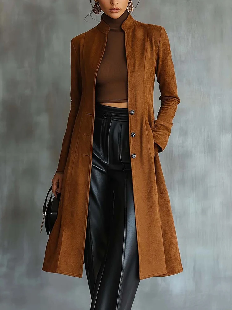 

Винтажное замшевое пальто с длинным рукавом и воротником-стойкой, повседневное женское свободное длинное пальто для поездок на работу, темпераментное простое пальто с карманами