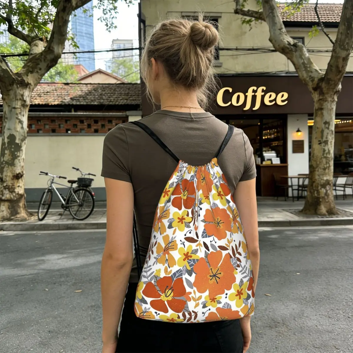 Orange And Yellow Flowers Pattern Backpacks Portable Drawstring Bundle Pocket Shoes Bag Book Bags for Man Woman School