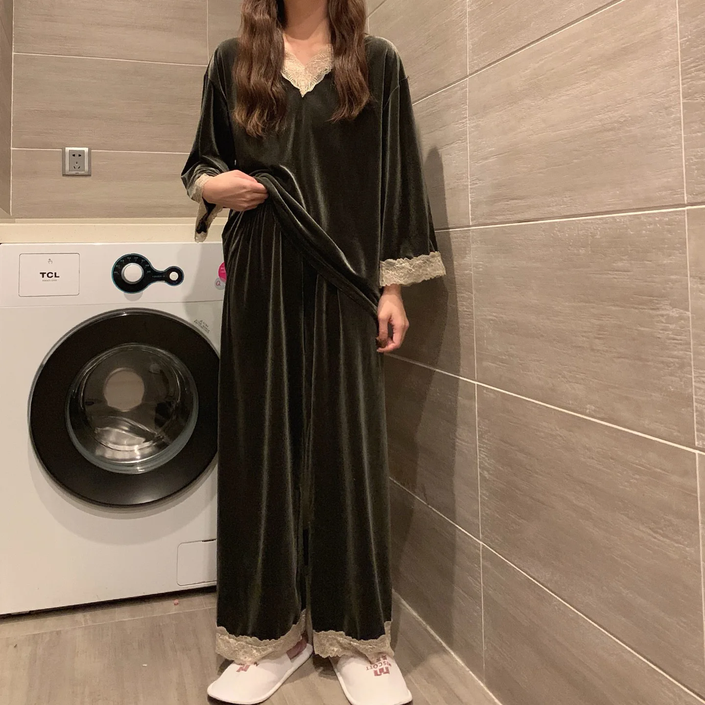 

Loose Casual Autumn Female Velvet Velour Trouser Suits Pyjama Pour Femme Sexy Pajamas Set Sleepwear Lace Home Clothes Pijamas