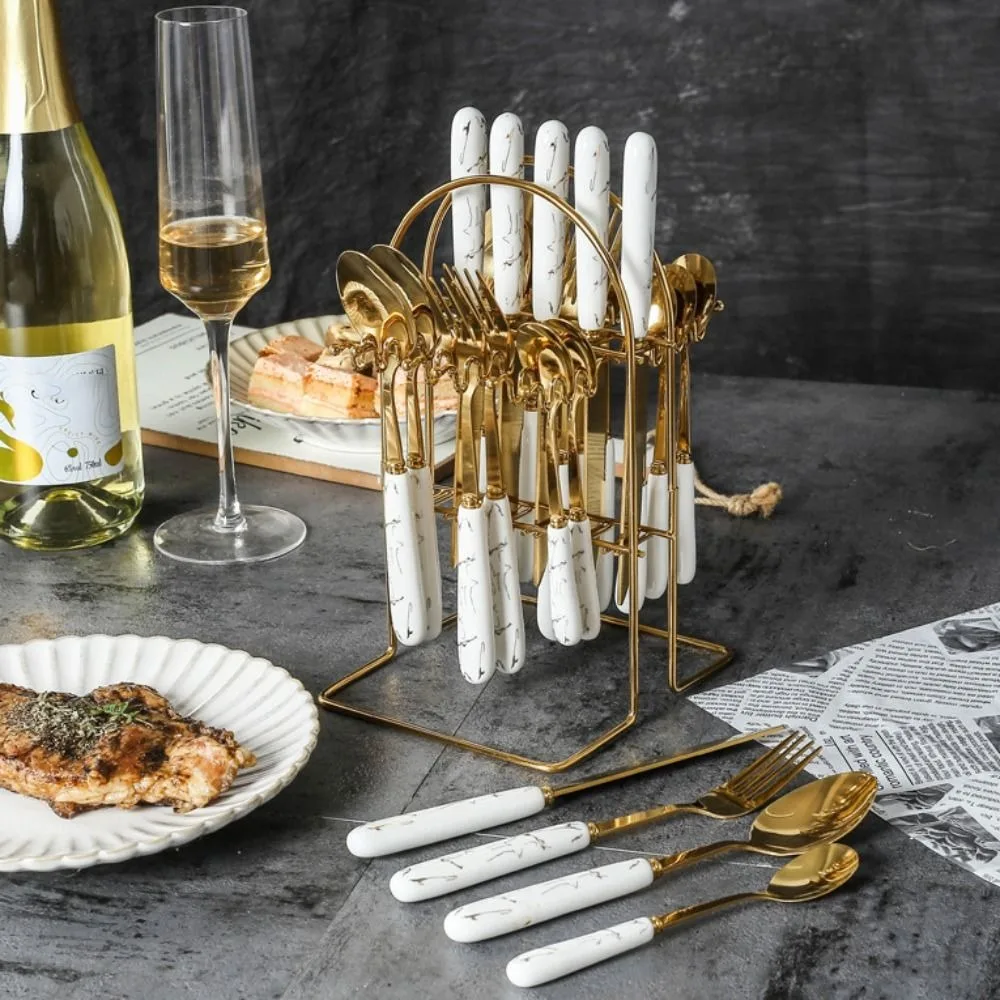 طقم أدوات مائدة رخامية من الفولاذ المقاوم للصدأ مكون من 24 قطعة مرآة مصقولة مع رف تخزين طقم أدوات مائدة عائلية على الطراز الشمالي #2