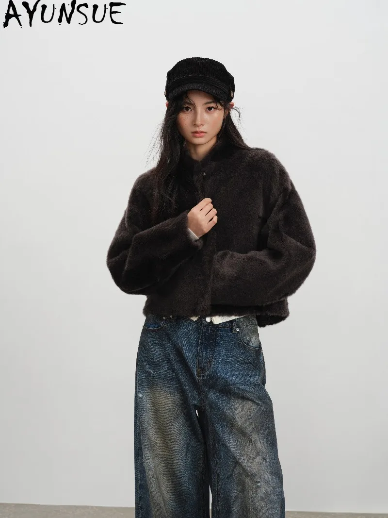 AYUSNUE Women Lacon Style Merino Shearling Coat Oversized Silhouette Short Sheepskin Fur Jacket Womens Warm Winter Clothes 2026
