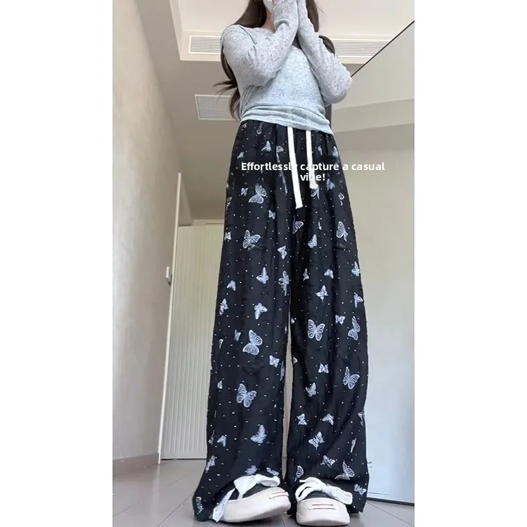 Retro gelo seda calças de perna larga das mulheres verão 2025 novo preguiçoso pequeno fla diamante high-end calças casuais coreano sle