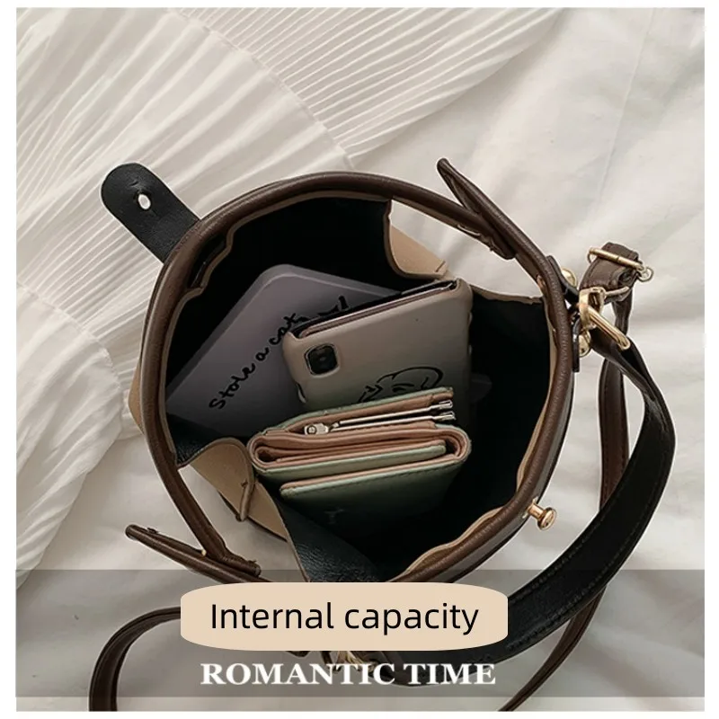 New Vintage Fashion Female Bucket Bag Travel Shoulder Messenger Bag Women Frosted Leather Handbag Metal Buckle Tote Handheld Bag