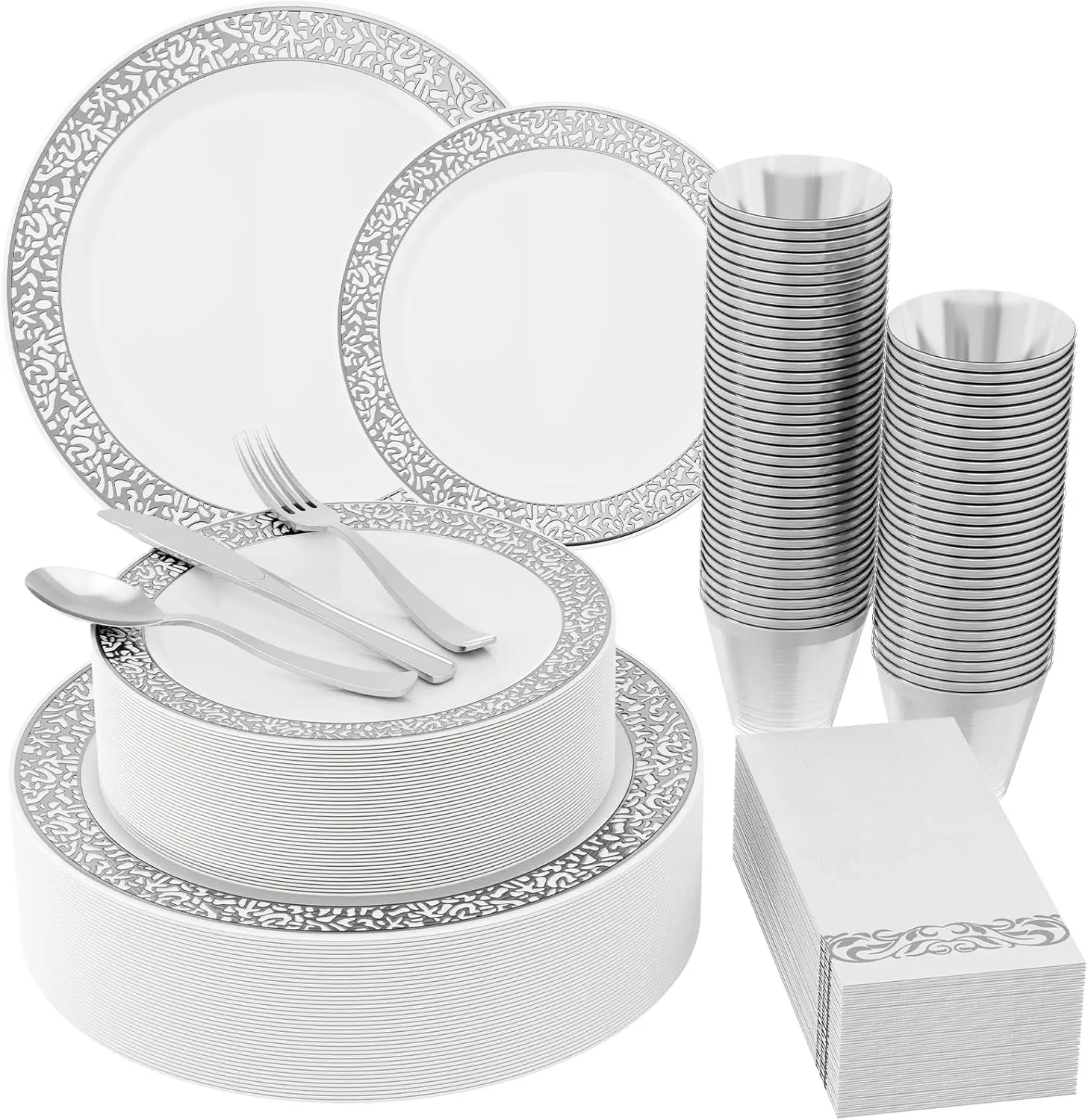

210 Count Silver Plastic Dinnerware Set - Plates, Cups, Napkins, Cutlery