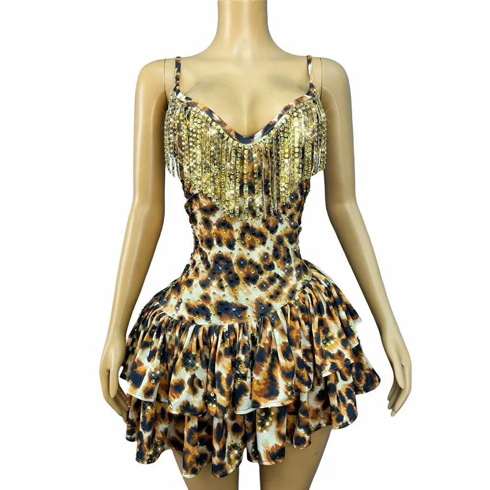 

Spicy girl Leopard Print Shining Rhinestones Suspenders Tiered Dress Daily Birthday Party Show Stage Wear Performance Outfit