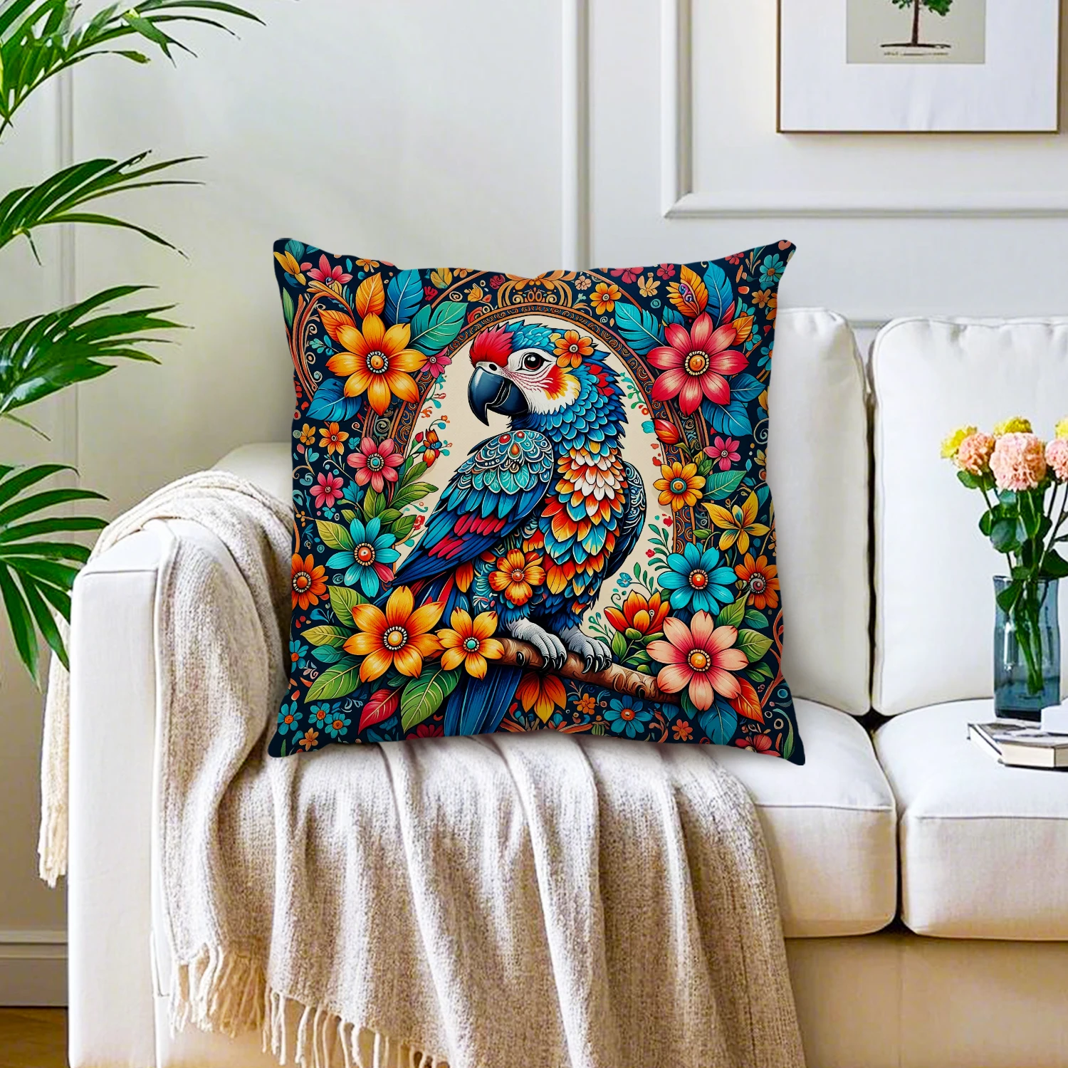 Bohemian Exotic Parrot Floral Cushion Cover Tropical Bird Pillow Case Vintage Farmhouse Sofa Couch Living Room Decor Slipcover