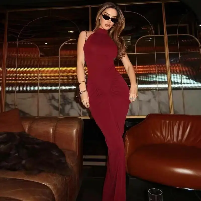 Ärmelloses Maxikleid für Damen mit Neckholder, figurbetontes, gerüschtes, geteiltes Kleid, sexy, elegante, figurbetonte Kurven, Abendparty-Outfits