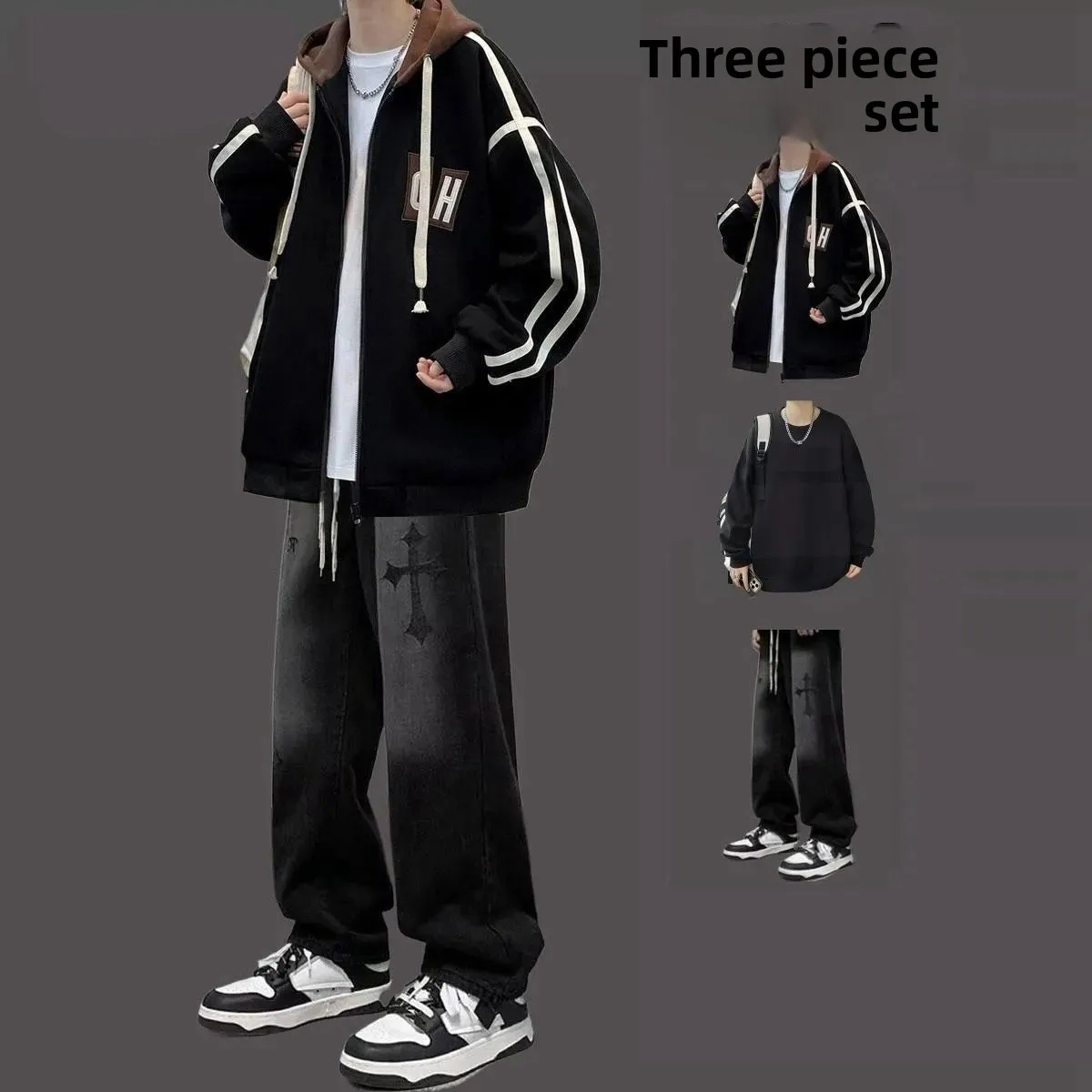 

Men's Baseball Jaet Set Spring Autumn Denim Tee-piece Student Faion Long Sve Long Pants Casual Comfortable Suit