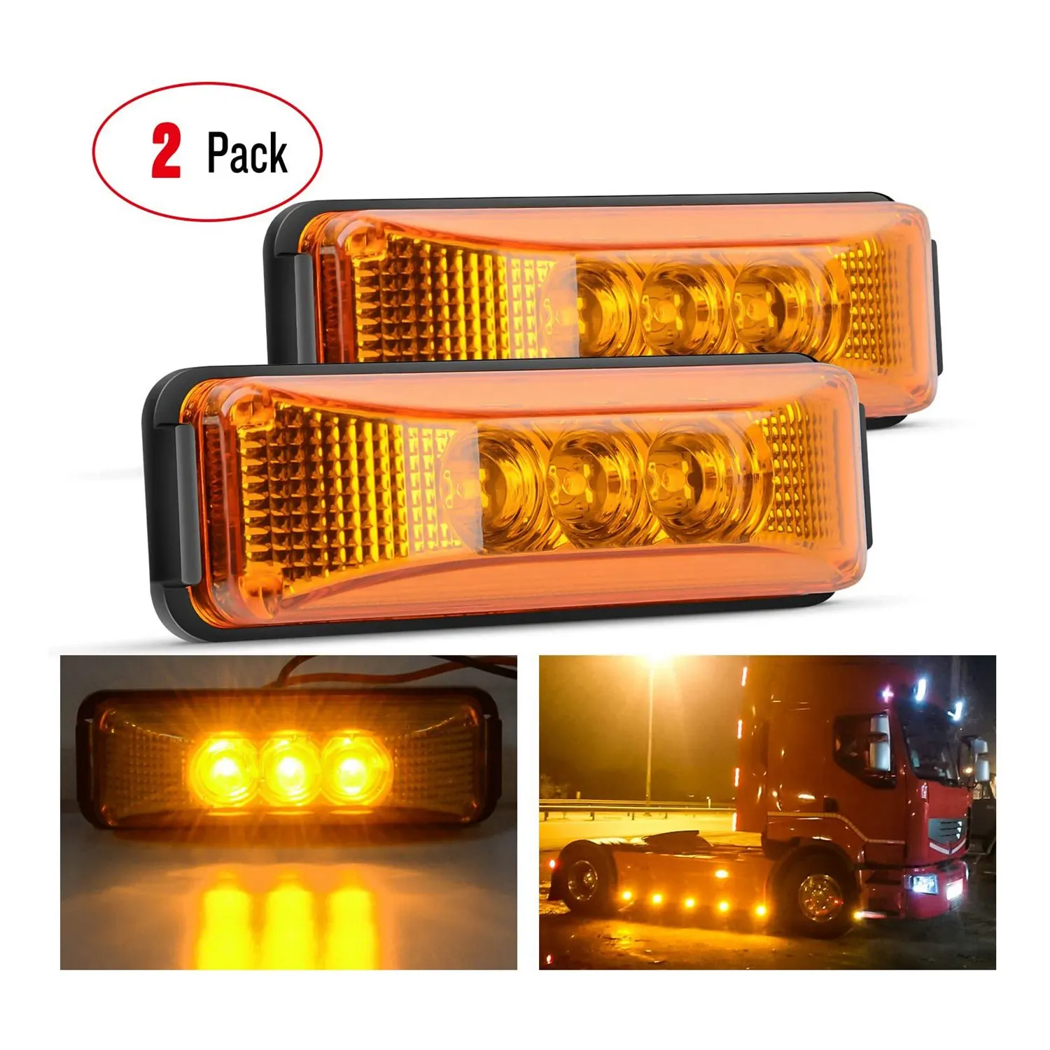 2 Pcs 3.9 Inch 3 Leds Truck Trailer Front Rear Led Side Marker Light Indicator Lamp Rock Light for Trailer Boat-Amber