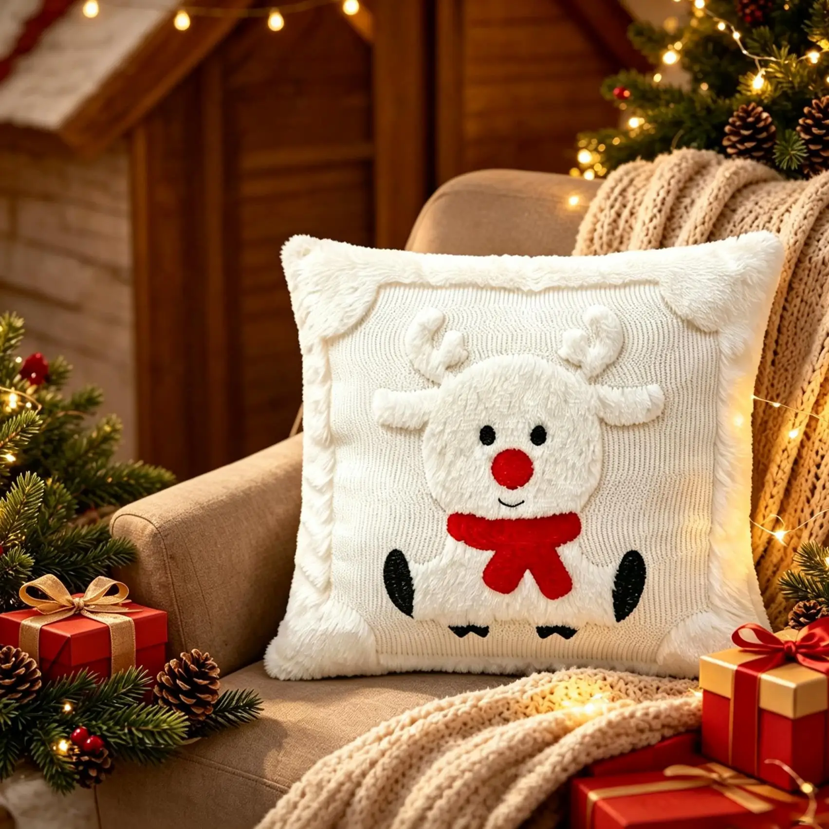 3D Christmas Deer Throw Pillow Covers Faux Plush Embroidered Xmas Deer Pattern Cushion Covers for Sofa Couch Home Decor