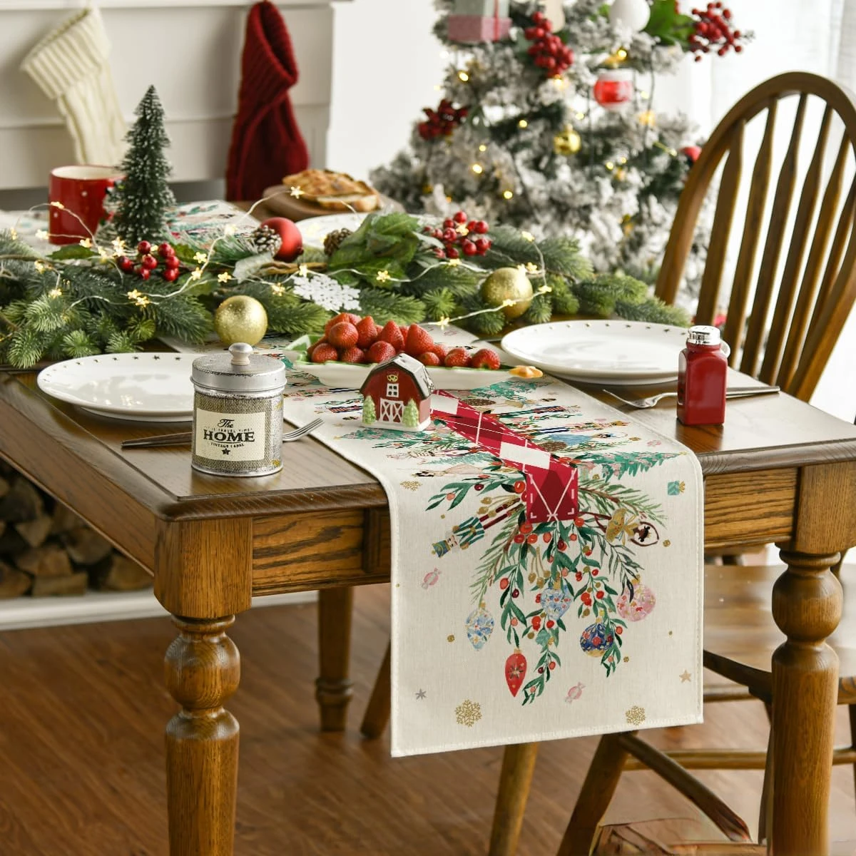 Christmas Nutcracker Floral Holly Linen Table Runners Dresser Scarf Decor Washable Kitchen Dining Table Runners Party Supplies