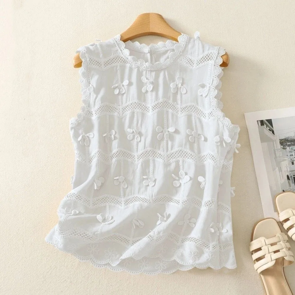 Round Neck Lace Embroidery Vest Loose Breathable Lace Splicing Top Patchwork Hollow Out Sleeveless T-shirts Youthful Fashion