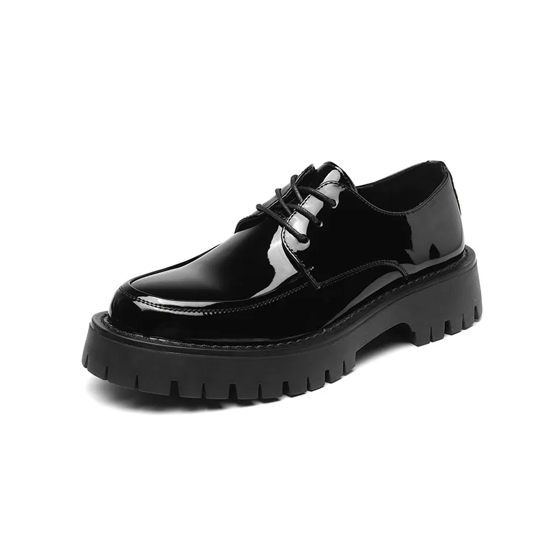 New Spring Autumn Korean Bright Leather Shoes Men Formal Dress Thick Bottom Loafers Lace-up Black British Business Work Shoes