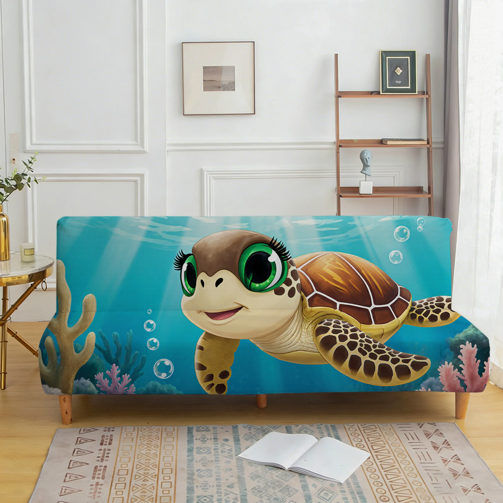 Living room bedroom universal elastic sofa bed cover, submarine cartoon turtle print, dustproof machine washable sofa bed cover