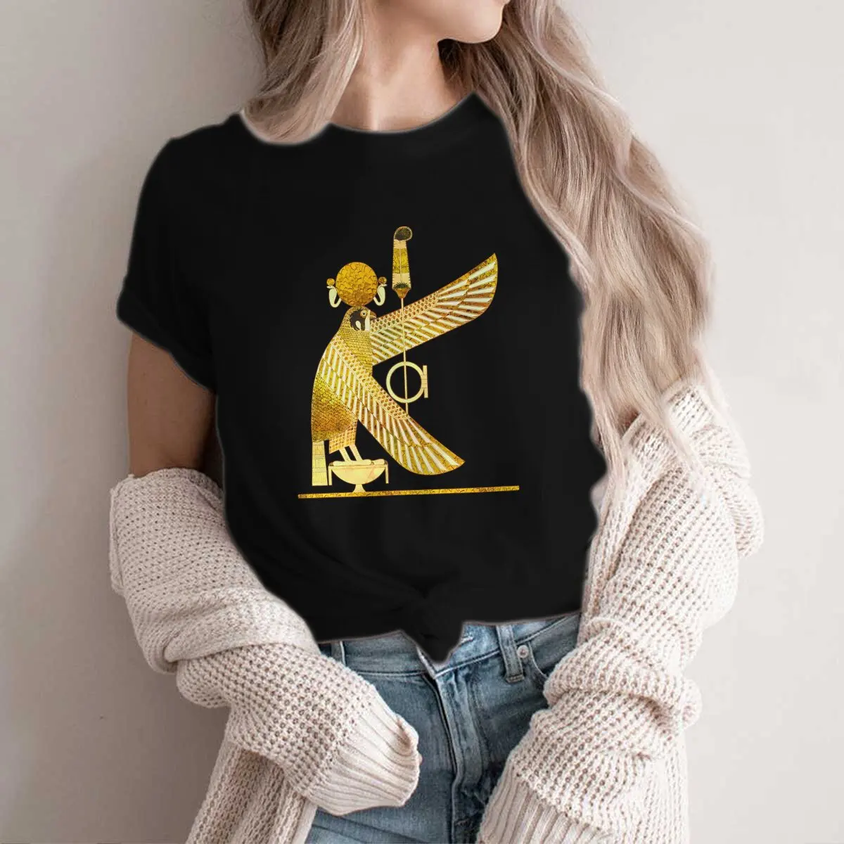 Goldener ra ägyptischer Sonnengott runder Kragen Polyester T-Shirt altes ägyptisches Symbol klassisches T-Shirt Frau