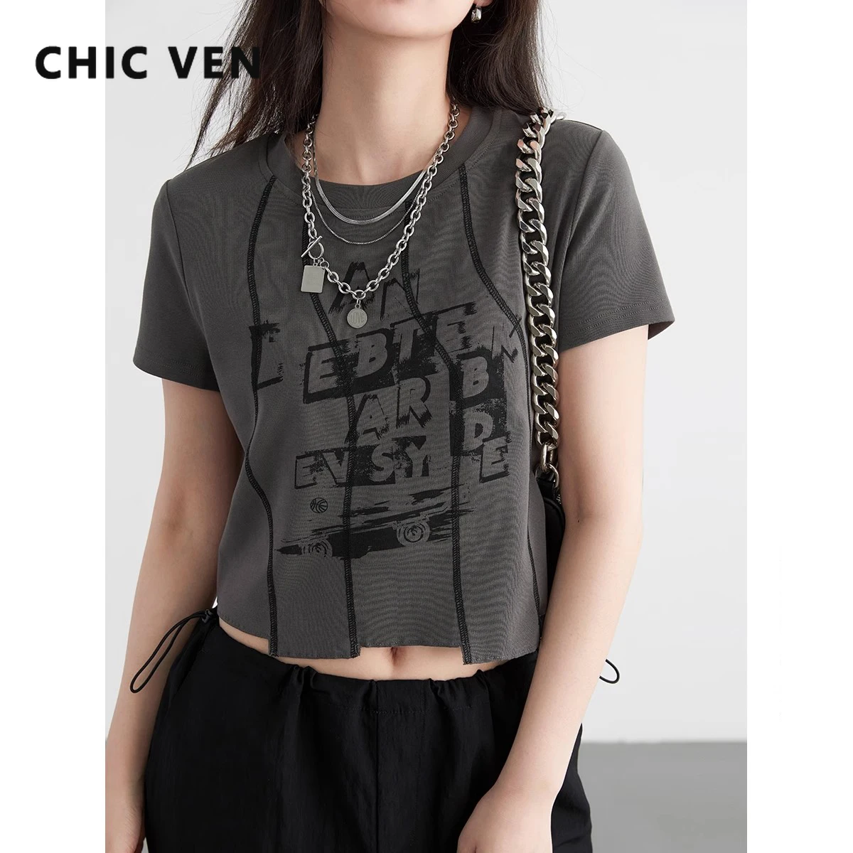 CHIC VEN Women T-Shirts Slim New Design Irregular Segmentation Letter Printed Short Sleeved Female Tees Woman Tops Summer 2024