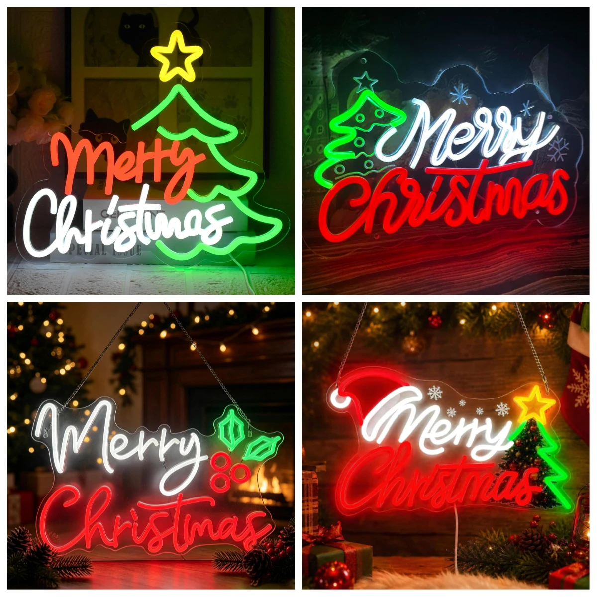 Merry Christmas With Santa Hat Christmas Tree Snowflake Neon Sign USB Dimmable LED Light For Xmas Holiday Home Window Wall Decor